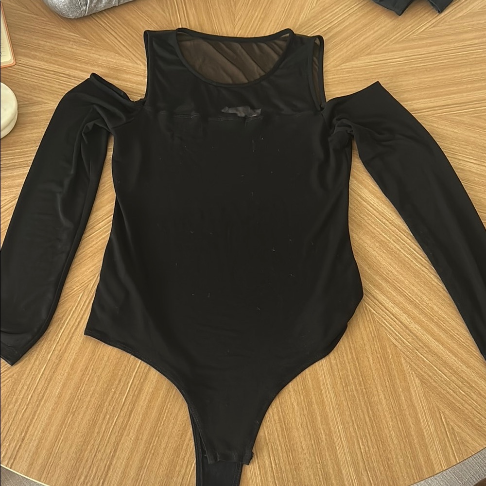 BCBGeneration Black Long Sleeve Cold-Shoulder Mesh Yoke Bodysuit